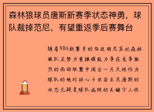森林狼球员唐斯新赛季状态神勇，球队裁掉范尼，有望重返季后赛舞台