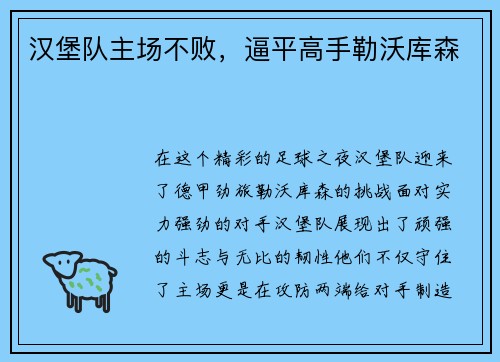 汉堡队主场不败，逼平高手勒沃库森